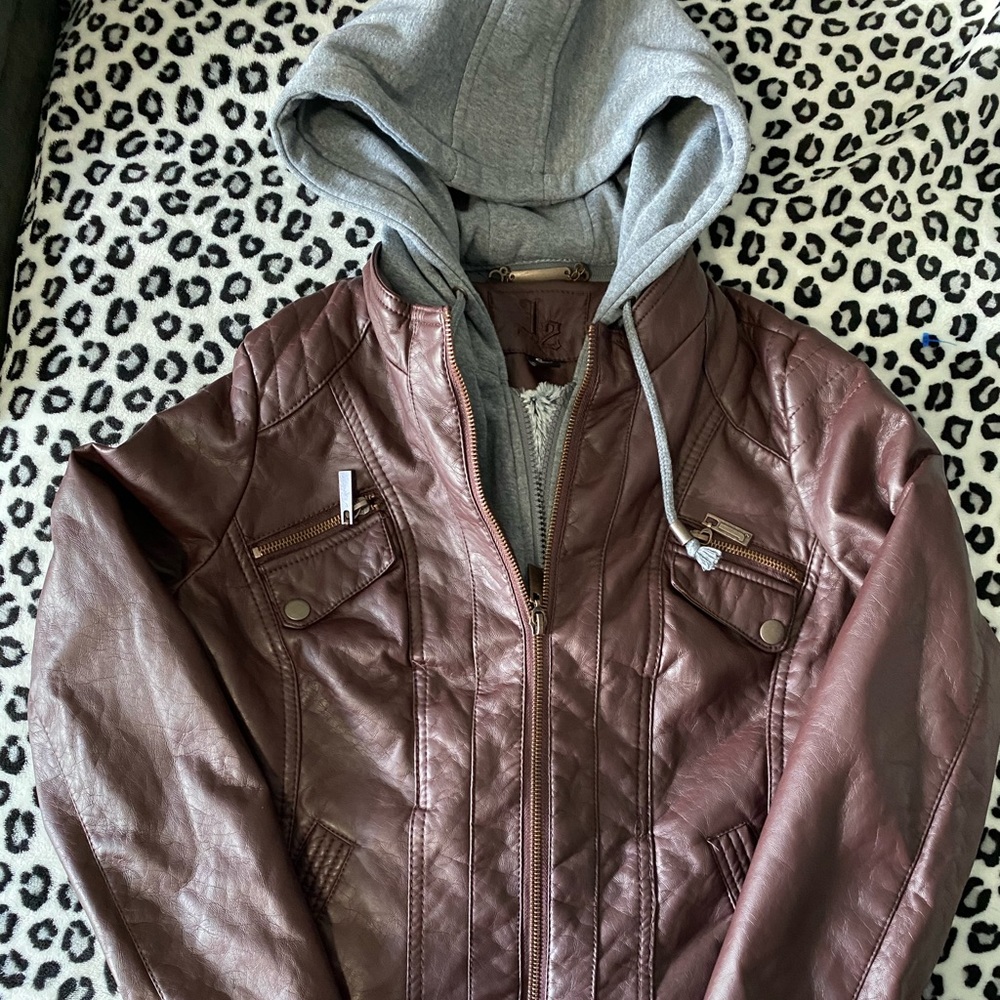 J2 faux leather brown moto jacket with hoodie